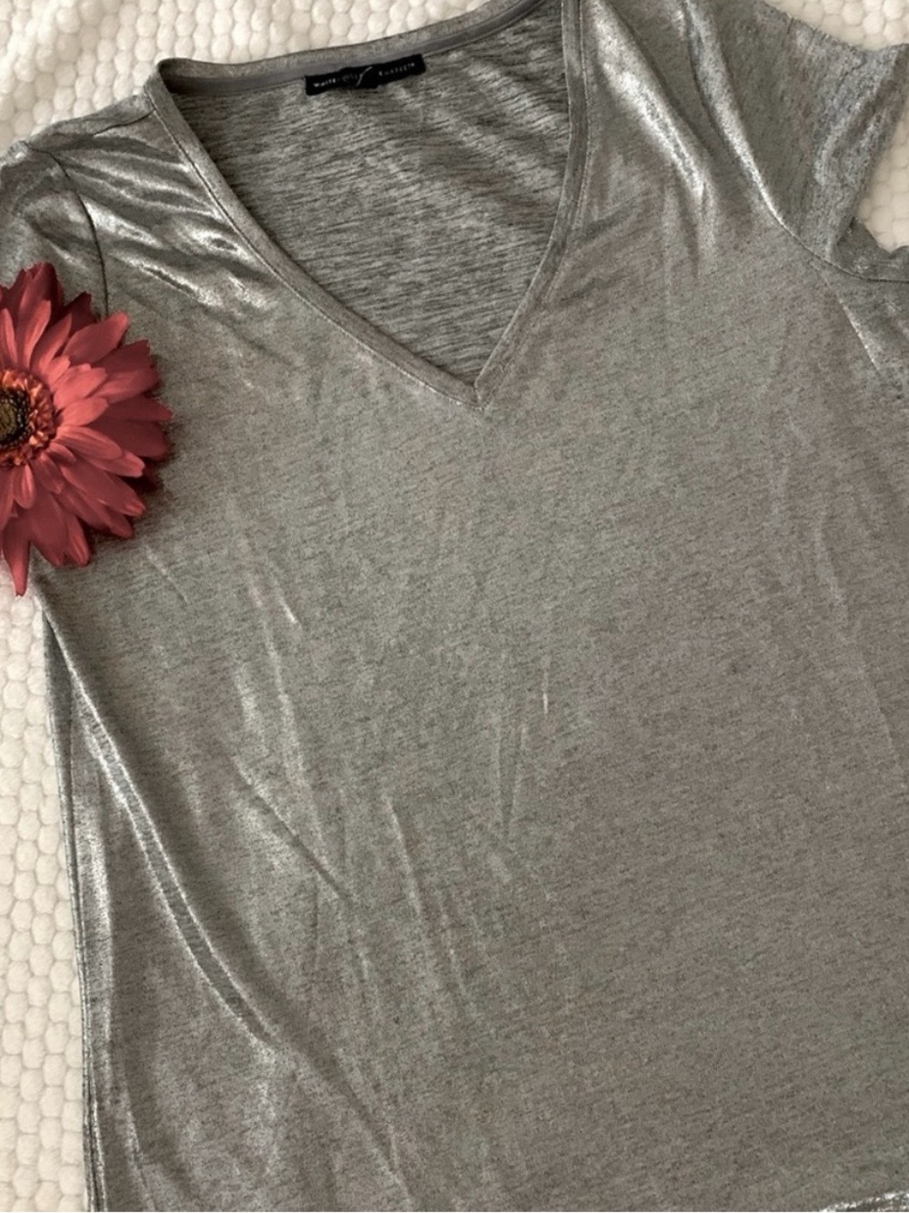 White House Black Market Metallic Silver V‑Neck Tee